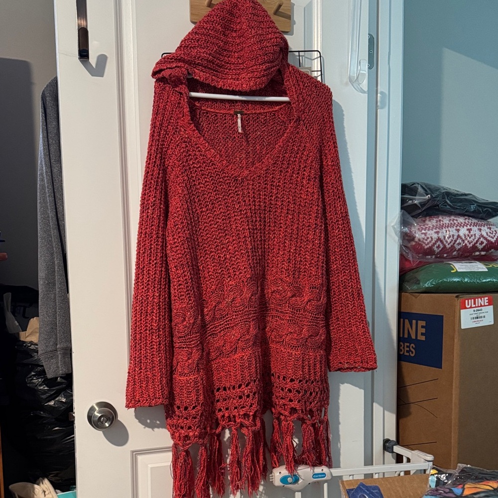 Free People Red V-Neck Sweater with Fringe